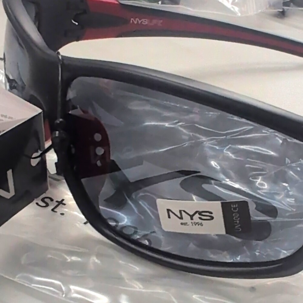 NYS Wrap Sunglasses Black/red Frame Gray Tinted Lens Plastic Men